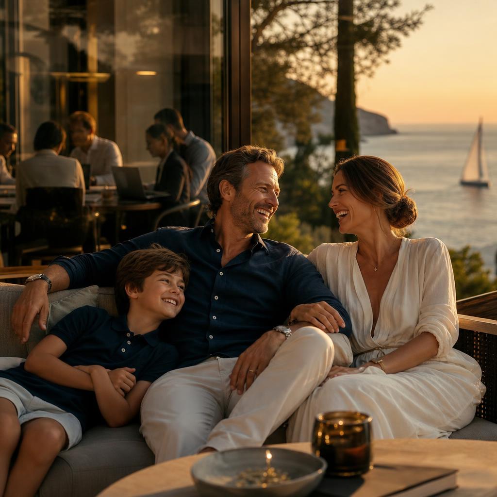 A family at ease on a sunlit terrace, while a small finance team works quietly in the background.